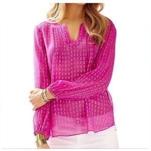 LILLY PULITZER HOT PINK AND METTALLIC GOLD COLBY SILK BLEND BLOUSE TOP L w CAMI